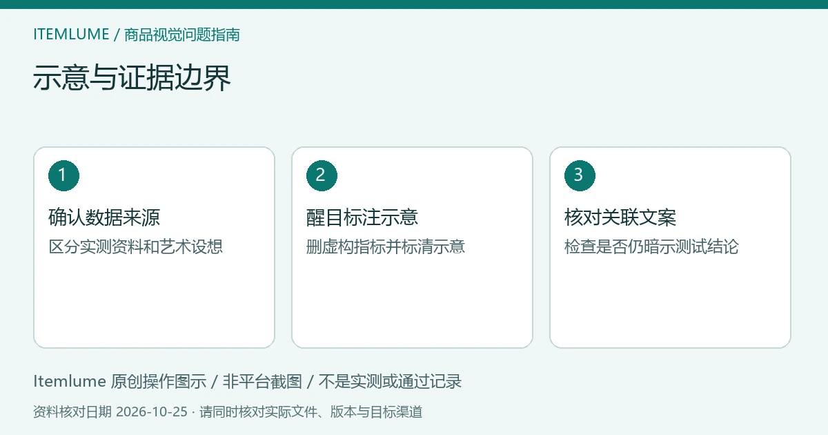 三步核对图：确认数据来源；醒目标注示意；核对关联文案。