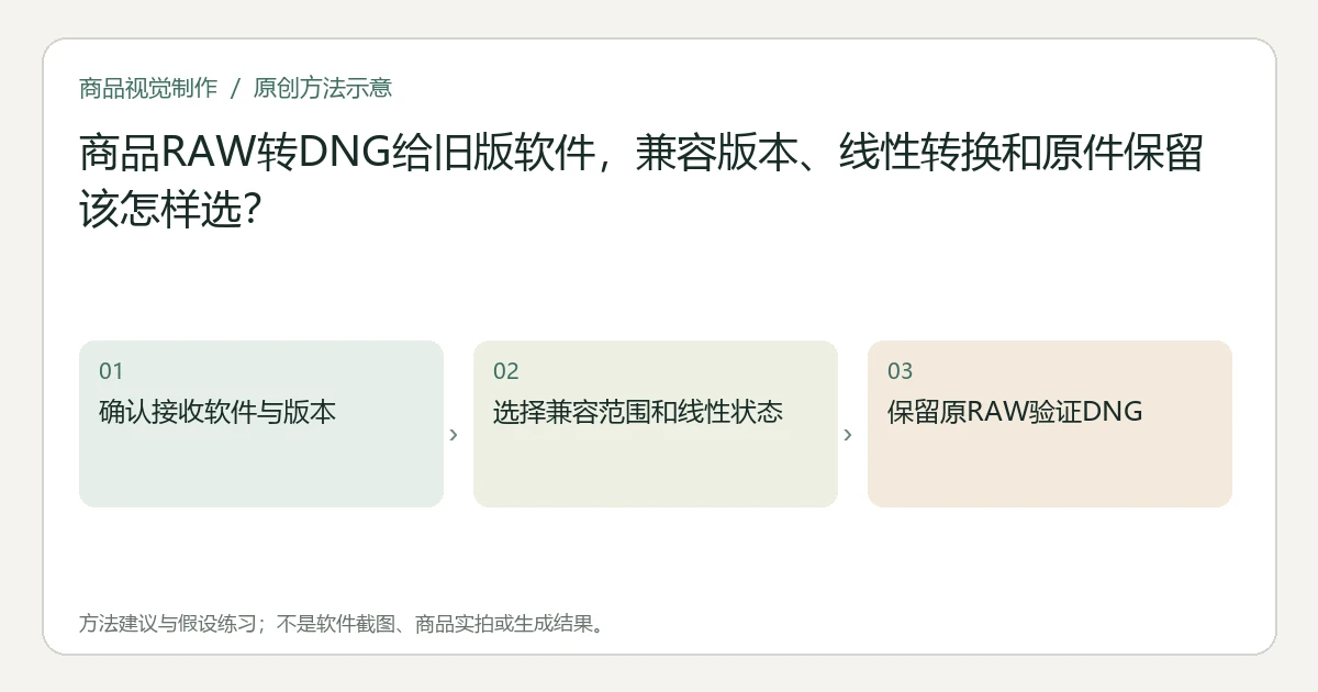 原创方法示意：确认接收软件与版本；选择兼容范围和线性状态；保留原RAW验证DNG。非工具界面、商品实拍或测试结果。