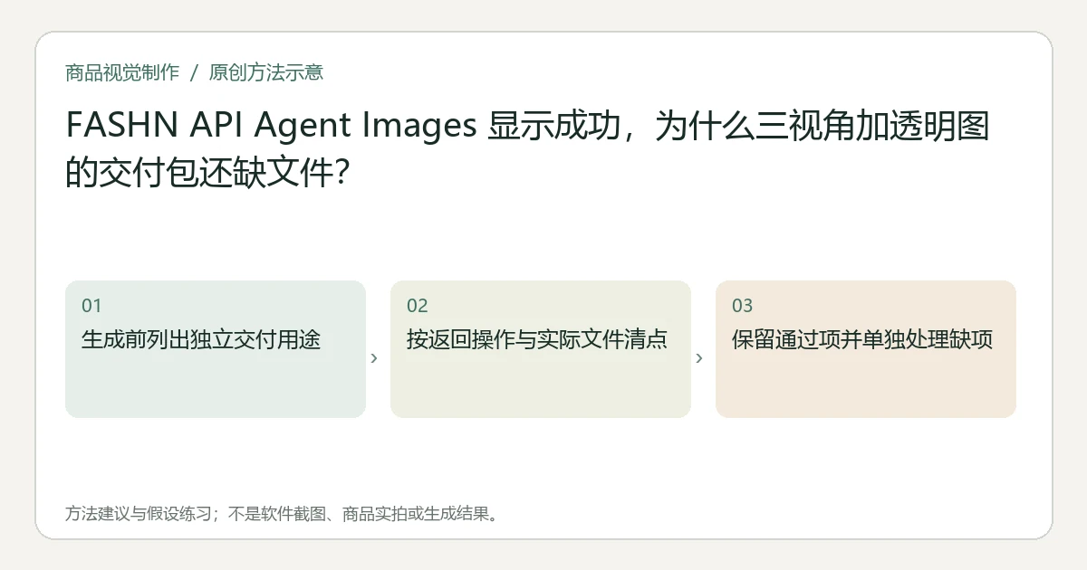 原创方法示意：生成前列出独立交付用途；按返回操作与实际文件清点；保留通过项并单独处理缺项。非工具界面、商品实拍或测试结果。