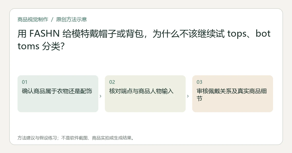 原创方法示意:确认商品属于衣物还是配饰;核对端点与商品人物输入;审核佩戴关系及真实商品细节。非工具界面、商品实拍或测试结果。