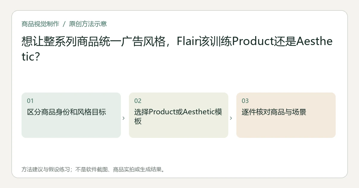 原创方法示意:区分商品身份和风格目标;选择Product或Aesthetic模板;逐件核对商品与场景。非工具界面、商品实拍或测试结果。