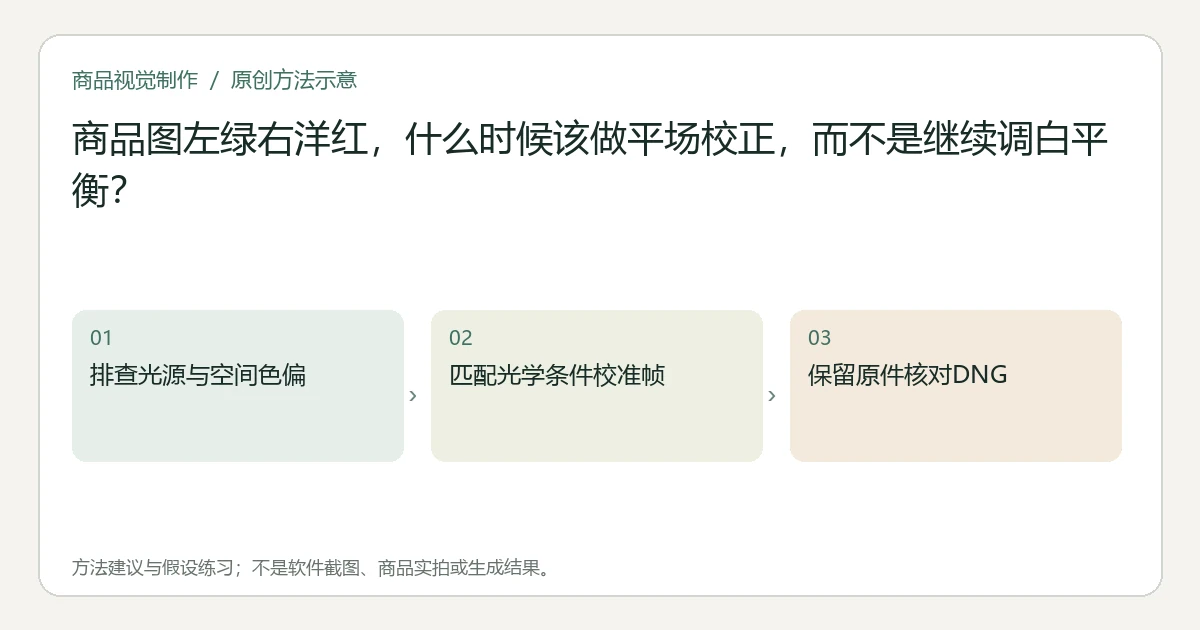 原创方法示意:排查光源与空间色偏;匹配光学条件校准帧;保留原件核对DNG。非工具界面、商品实拍或测试结果。