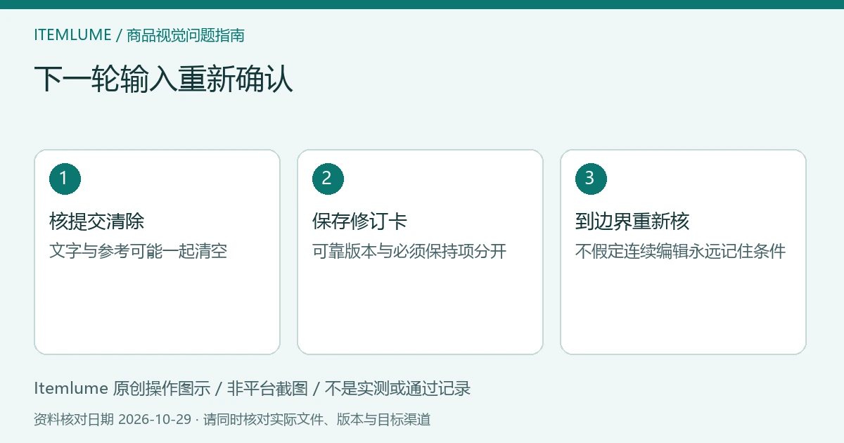 连续修改输入核查示意：核提交清除、记录当前参考、到边界重新确认；不是聊天截图。