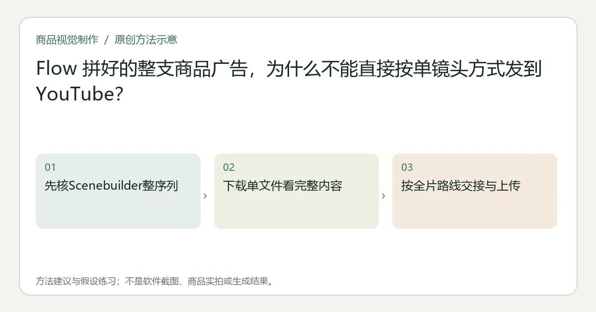 原创方法示意：先核Scenebuilder整序列；下载单文件看完整内容；按全片路线交接与上传。非工具界面、商品实拍或测试结果。