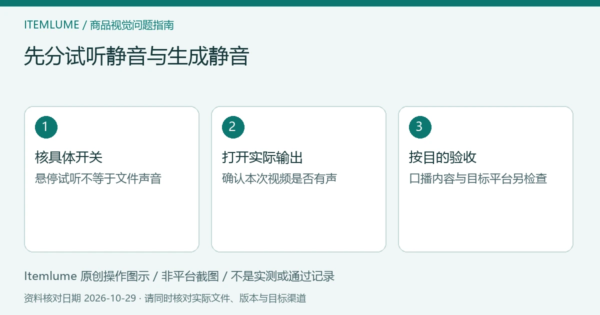 视频无声分流示意:区分试听与生成、核实际文件、明确声音交付;不是Flow截图。