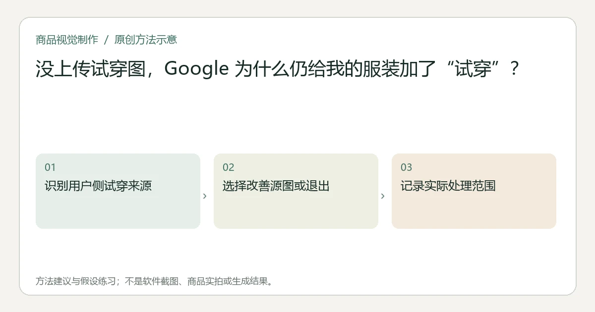 原创方法示意：识别用户侧试穿来源；选择改善源图或退出；记录实际处理范围。非工具界面、商品实拍或测试结果。