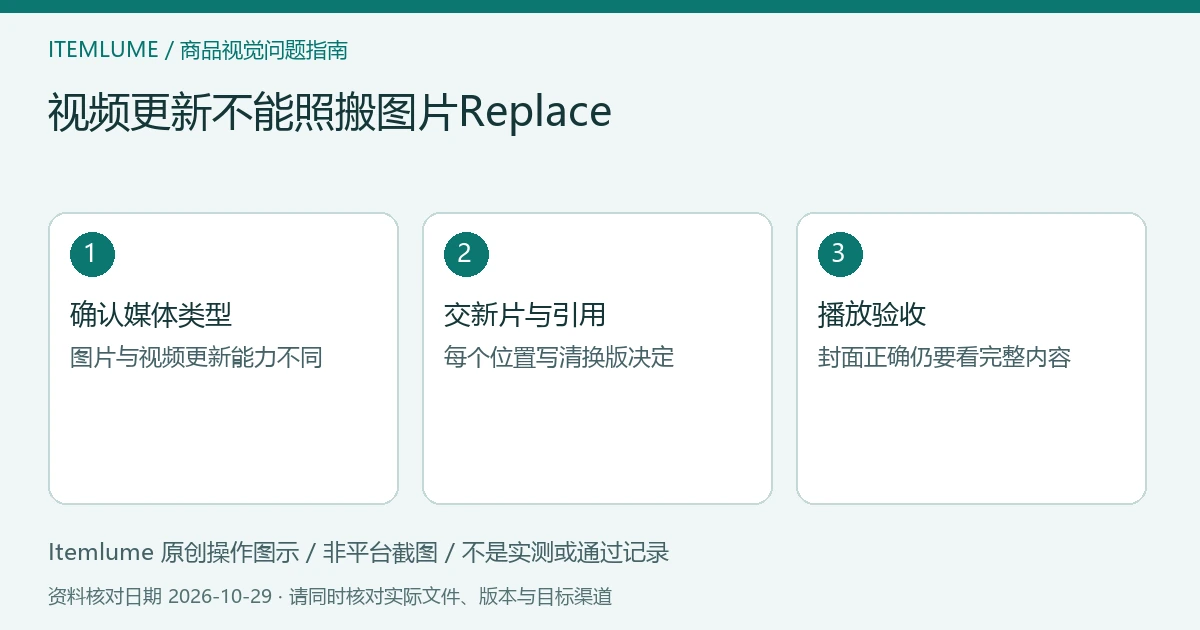 原创媒体更新示意：图片区分Replace，视频准备新资产并核实际引用；非平台截图