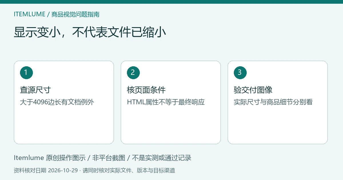 原创缩放条件示意：源图边长、HTML宽高属性、实际交付图像三项核对；非网页测试截图