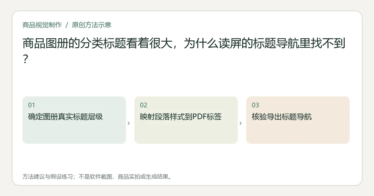 原创方法示意：确定图册真实标题层级；映射段落样式到PDF标签；核验导出标题导航。非工具界面、商品实拍或测试结果。