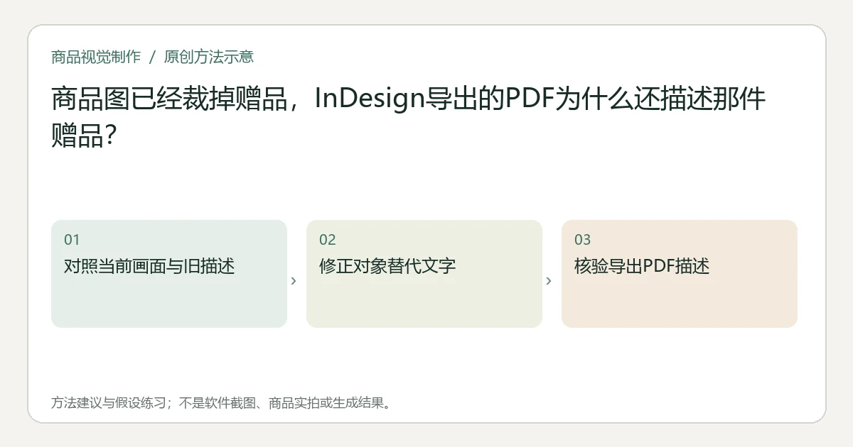 原创方法示意：对照当前画面与旧描述；修正对象替代文字；核验导出PDF描述。非工具界面、商品实拍或测试结果。