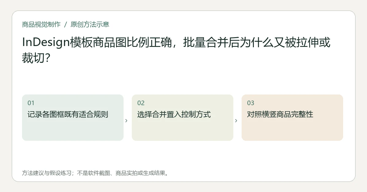 原创方法示意：记录各图框既有适合规则；选择合并置入控制方式；对照横竖商品完整性。非工具界面、商品实拍或测试结果。