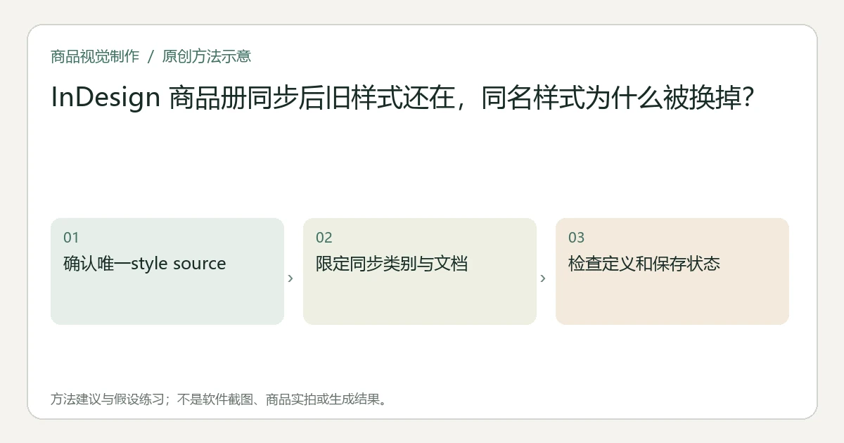 原创方法示意:确认唯一style source;限定同步类别与文档;检查定义和保存状态。非工具界面、商品实拍或测试结果。