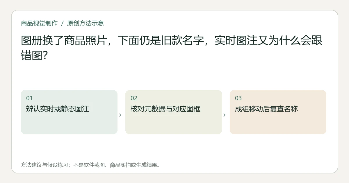 原创方法示意:辨认实时或静态图注;核对元数据与对应图框;成组移动后复查名称。非工具界面、商品实拍或测试结果。