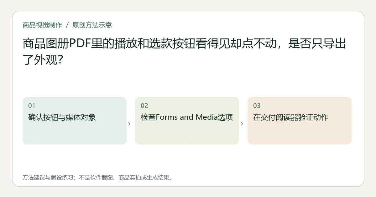 原创方法示意:确认按钮与媒体对象;检查Forms and Media选项;在交付阅读器验证动作。非工具界面、商品实拍或测试结果。