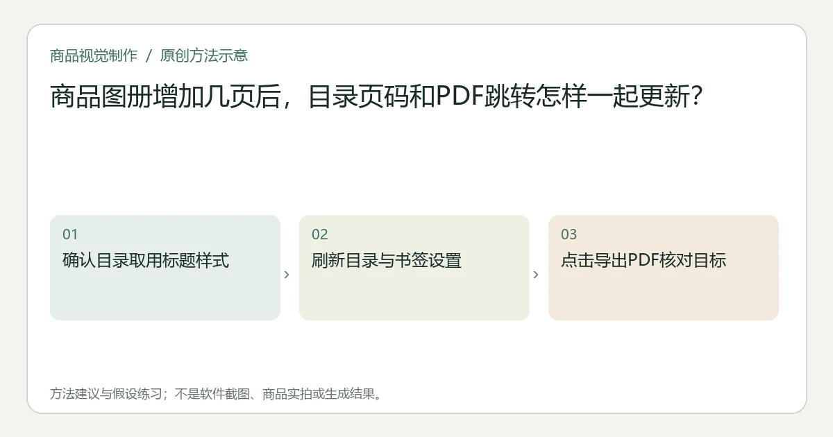 原创方法示意:确认目录取用标题样式;刷新目录与书签设置;点击导出PDF核对目标。非工具界面、商品实拍或测试结果。