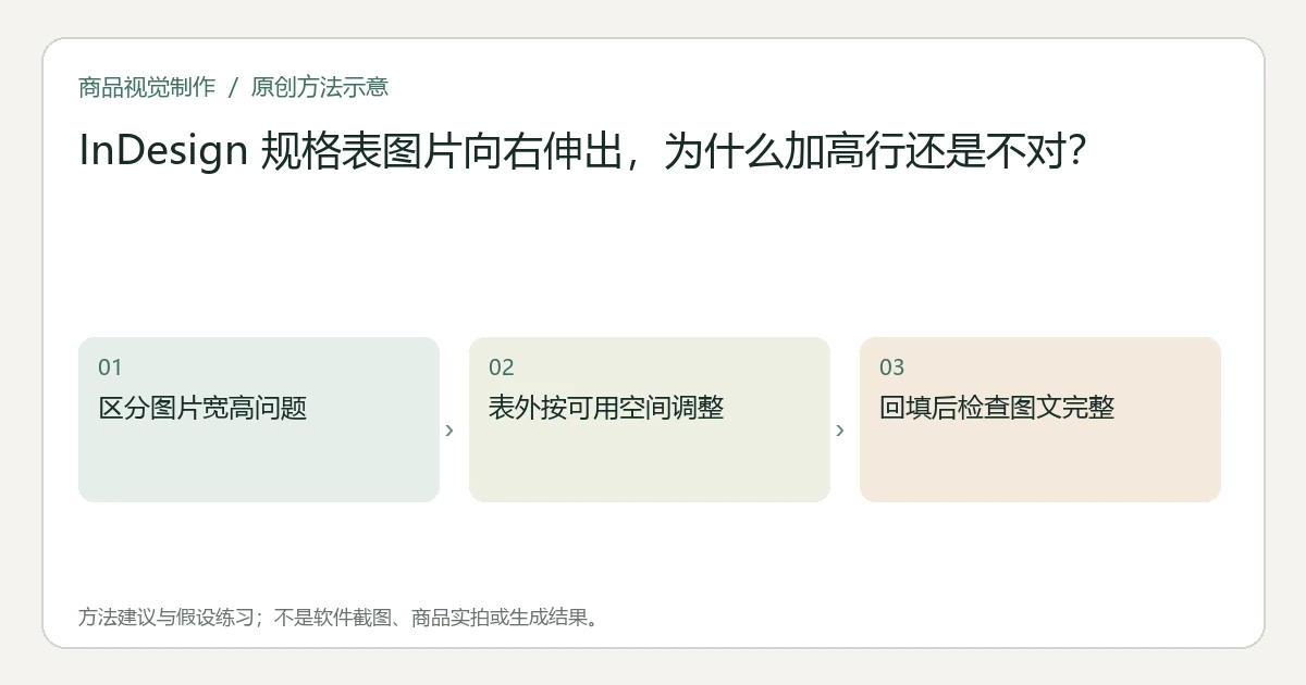 原创方法示意:区分图片宽高问题;表外按可用空间调整;回填后检查图文完整。非工具界面、商品实拍或测试结果。
