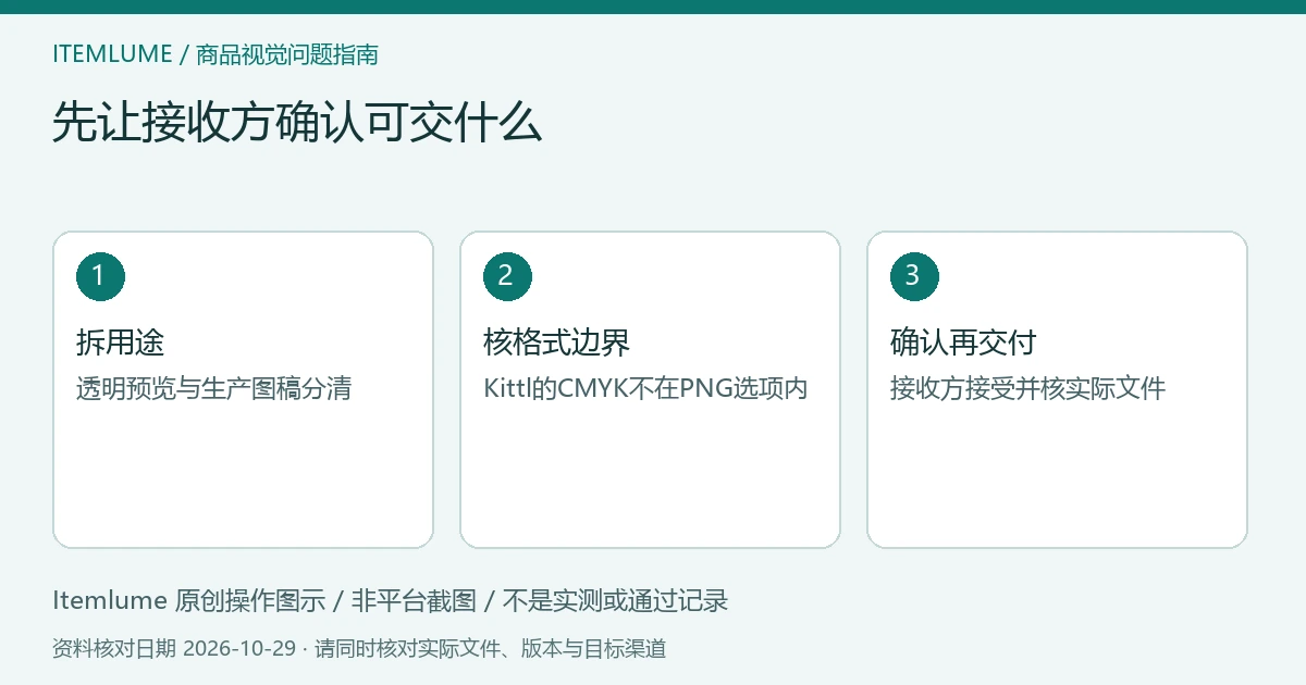原创交付协商示意：拆分颜色与透明要求、确认接收格式、核对最终文件；非软件截图