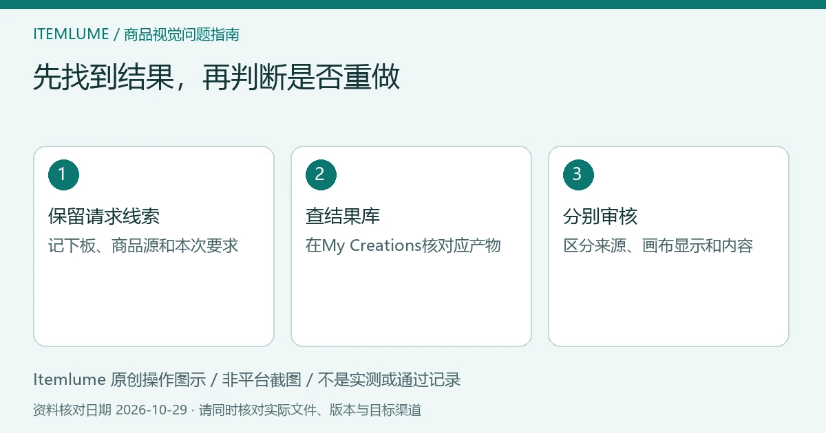 原创诊断示意：加载中的商品图板、My Creations对应结果、核对后再决定；非软件截图
