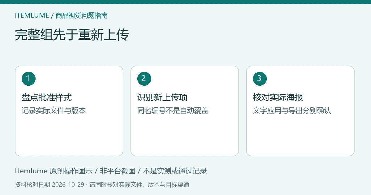 完整组先于重新上传；原创操作方法示意，非软件截图或实测结果。
