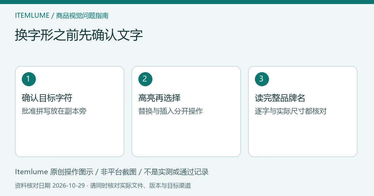 换字形之前先确认文字；原创操作方法示意，非软件截图或实测结果。