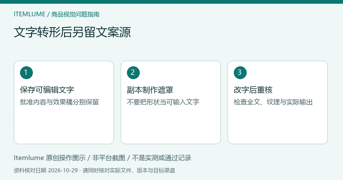 文字遮罩交付示意：保留文字母版、另做形状效果、改字后复核导出；不是平台截图。