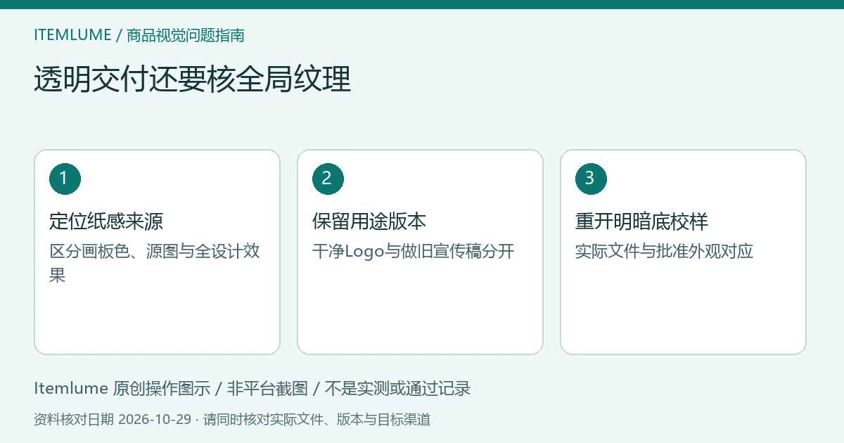 透明Logo校样示意：分辨画板色与纹理、检查全设计效果、在明暗底重开文件；不是软件截图。