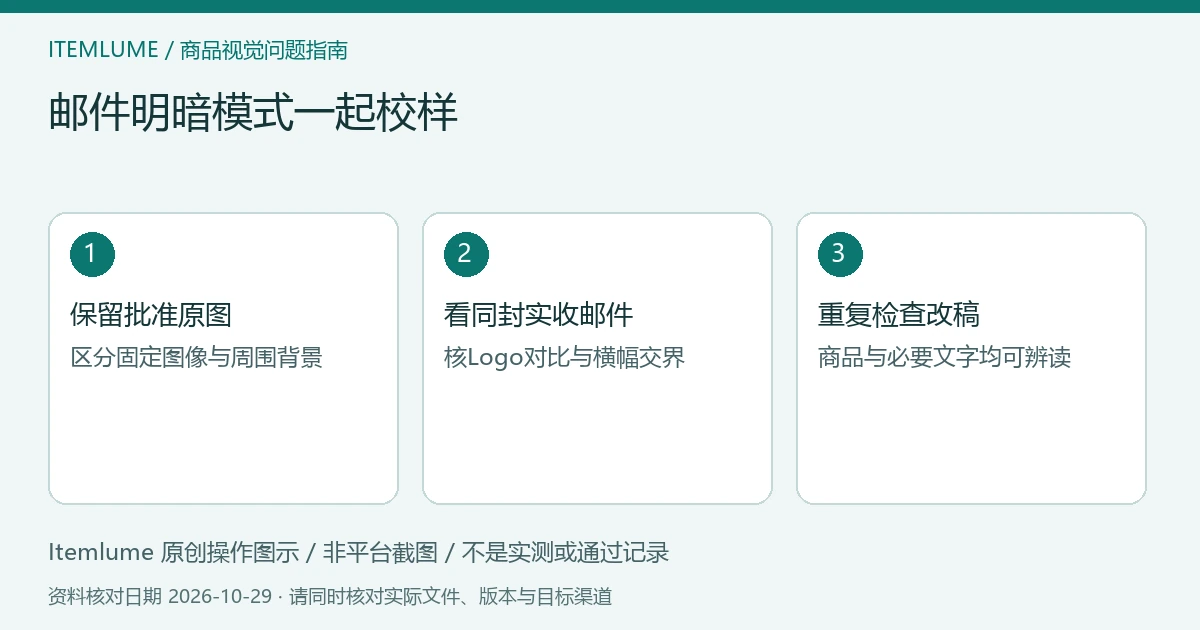 邮件明暗模式校样示意：保留图像原版、核客户端变化、比较Logo和横幅边界；不是实收邮件截图。