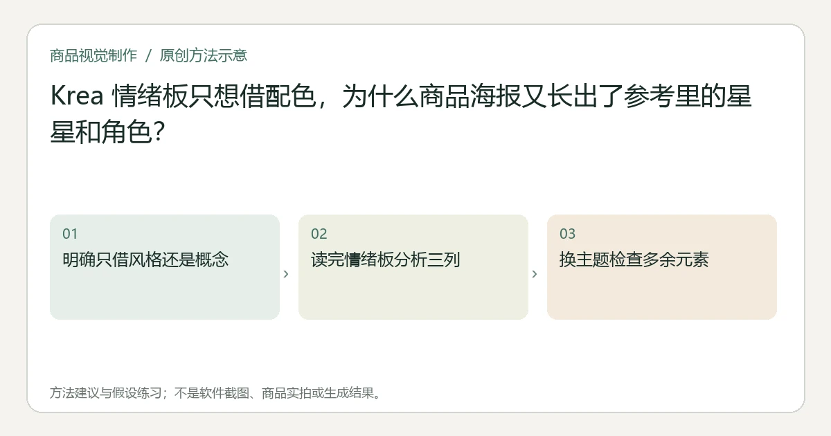 原创方法示意：明确只借风格还是概念；读完情绪板分析三列；换主题检查多余元素。非工具界面、商品实拍或测试结果。