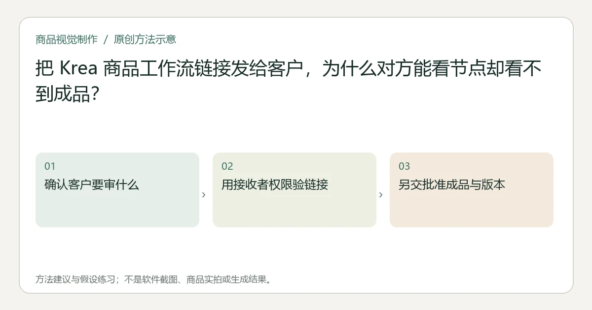原创方法示意：确认客户要审什么；用接收者权限验链接；另交批准成品与版本。非工具界面、商品实拍或测试结果。