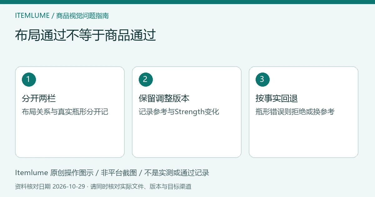 Firefly 构图参考审核示意:分开布局与瓶形、记录 Strength 版本、按商品事实决定回退