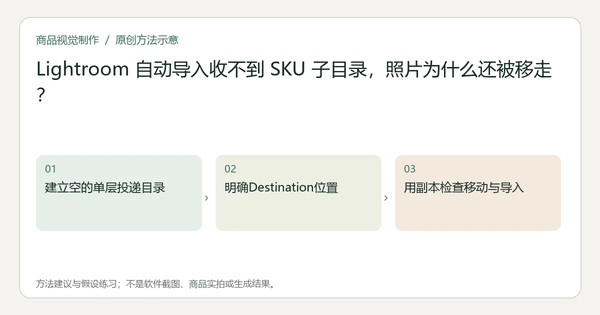 原创方法示意：建立空的单层投递目录；明确Destination位置；用副本检查移动与导入。非工具界面、商品实拍或测试结果。