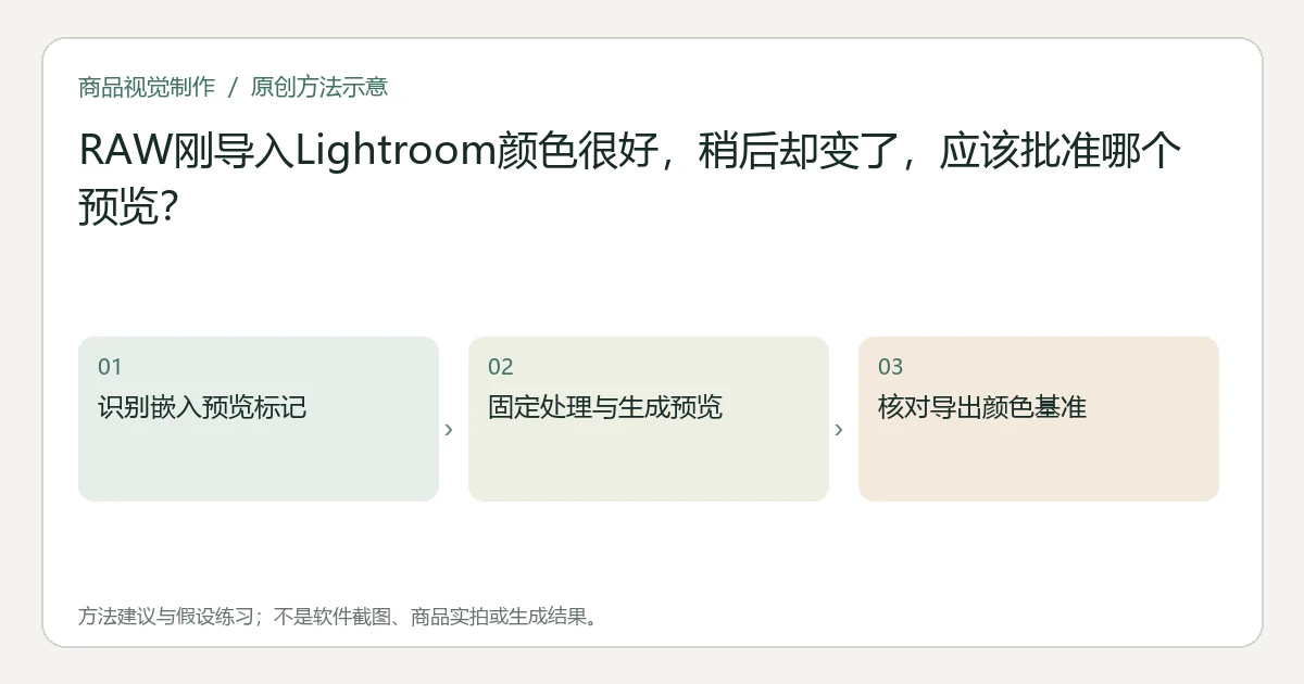 原创方法示意：识别嵌入预览标记；固定处理与生成预览；核对导出颜色基准。非工具界面、商品实拍或测试结果。