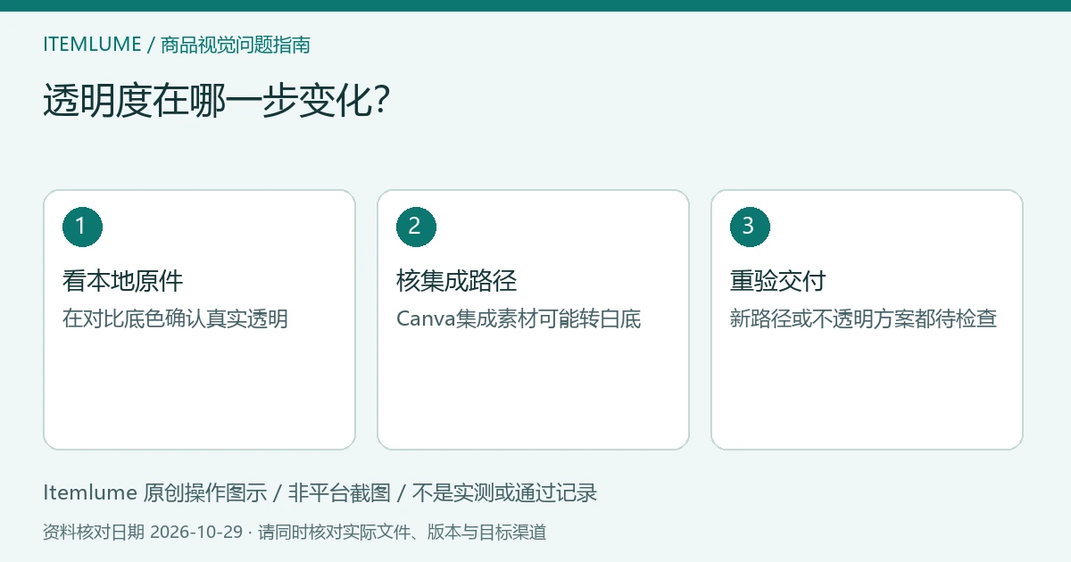 原创透明度路径示意：本地源文件、Canva集成素材、邮件底色分别核查；非软件截图