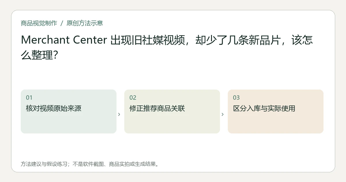 原创方法示意:核对视频原始来源;修正推荐商品关联;区分入库与实际使用。非工具界面、商品实拍或测试结果。