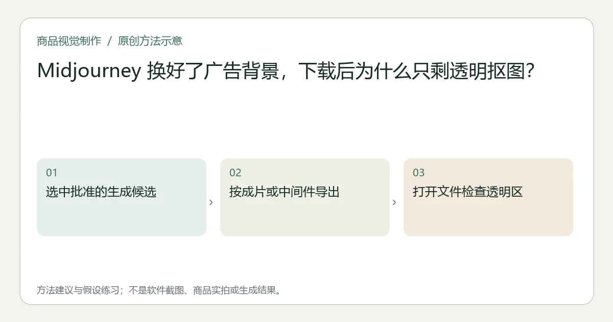 原创方法示意：选中批准的生成候选；按成片或中间件导出；打开文件检查透明区。非工具界面、商品实拍或测试结果。