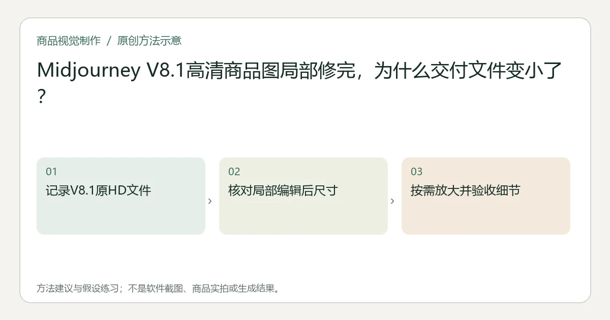 原创方法示意：记录V8.1原HD文件；核对局部编辑后尺寸；按需放大并验收细节。非工具界面、商品实拍或测试结果。