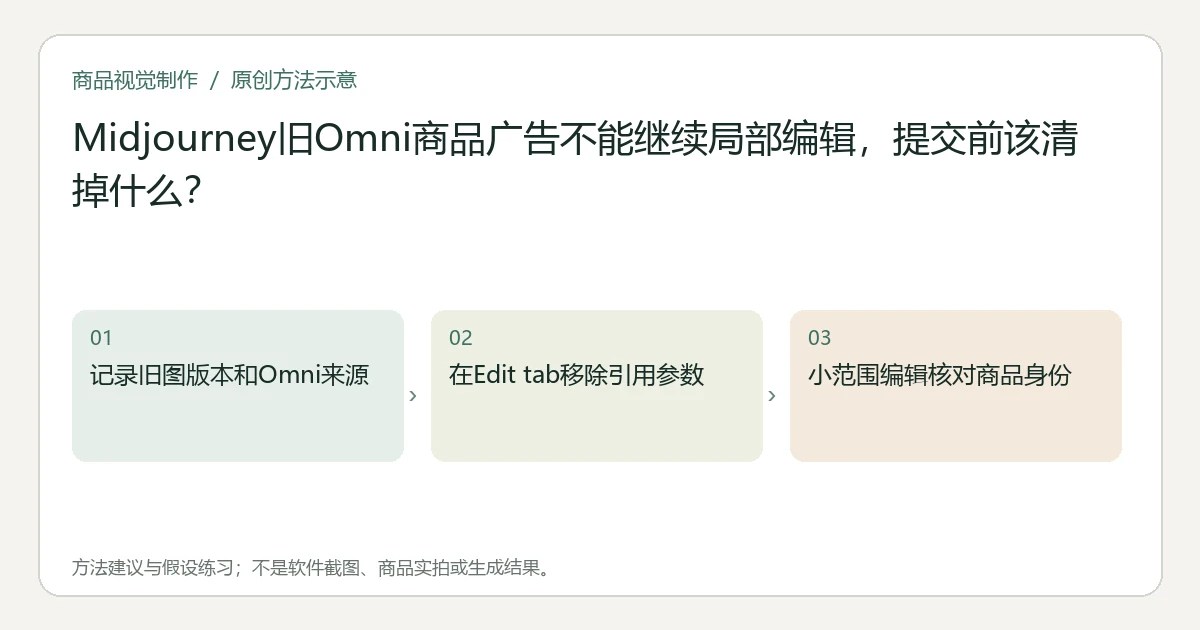 原创方法示意:记录旧图版本和Omni来源;在Edit tab移除引用参数;小范围编辑核对商品身份。非工具界面、商品实拍或测试结果。
