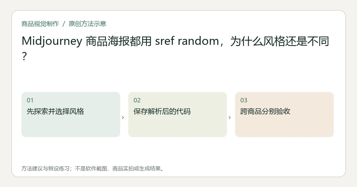 原创方法示意：先探索并选择风格；保存解析后的代码；跨商品分别验收。非工具界面、商品实拍或测试结果。