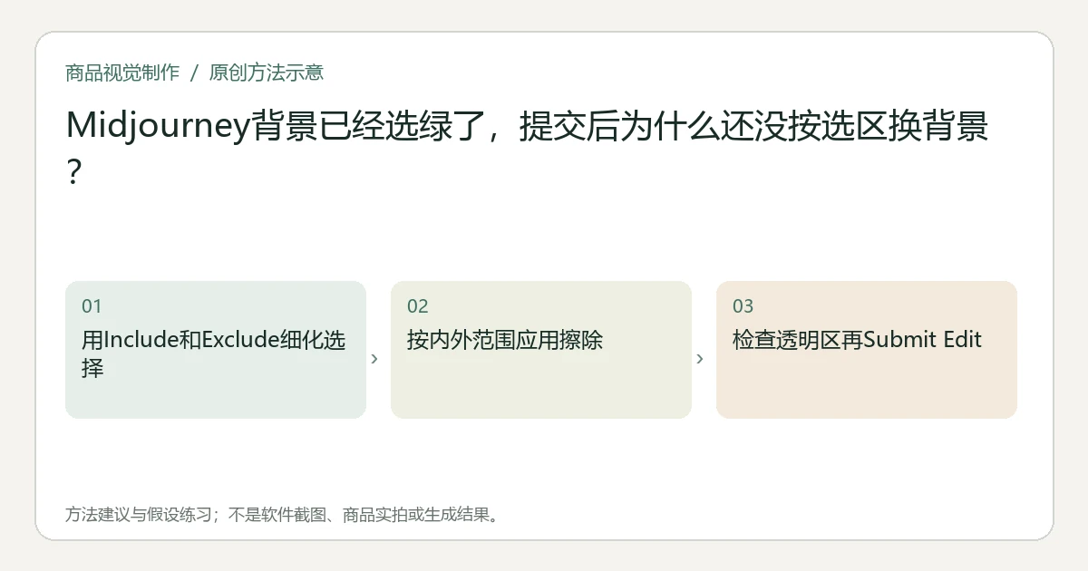 原创方法示意：用Include和Exclude细化选择；按内外范围应用擦除；检查透明区再Submit Edit。非工具界面、商品实拍或测试结果。