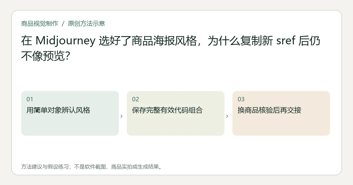 原创方法示意：用简单对象辨认风格；保存完整有效代码组合；换商品核验后再交接。非工具界面、商品实拍或测试结果。