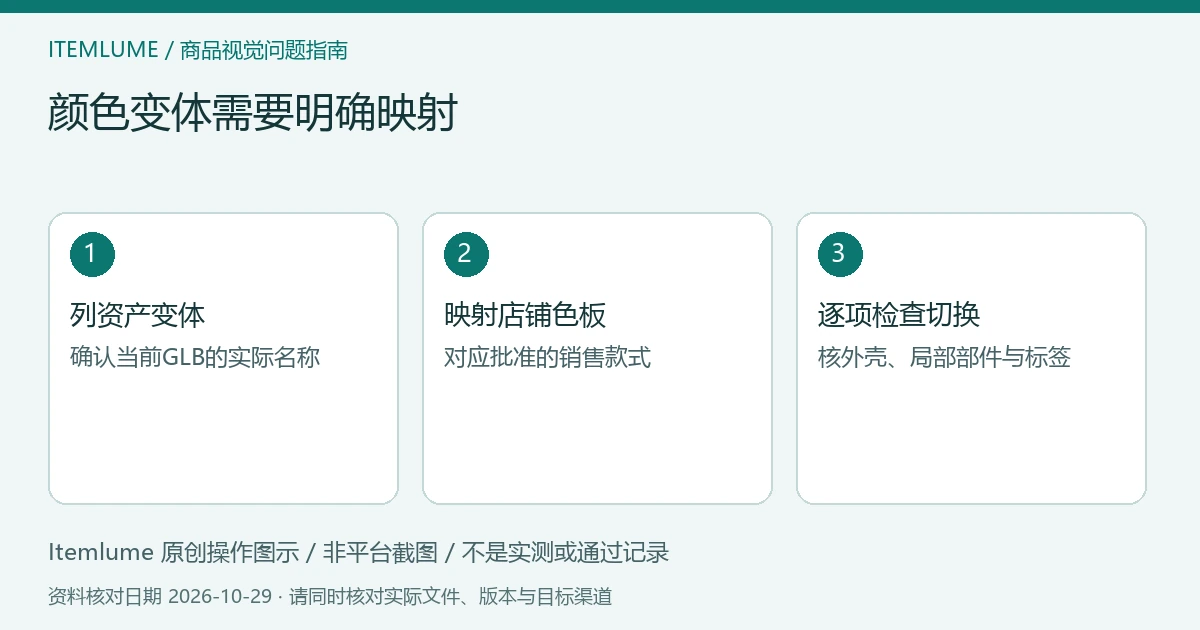 GLB颜色变体交接示意:列资产名称、映射店铺色板、核实际款式;不是软件截图。