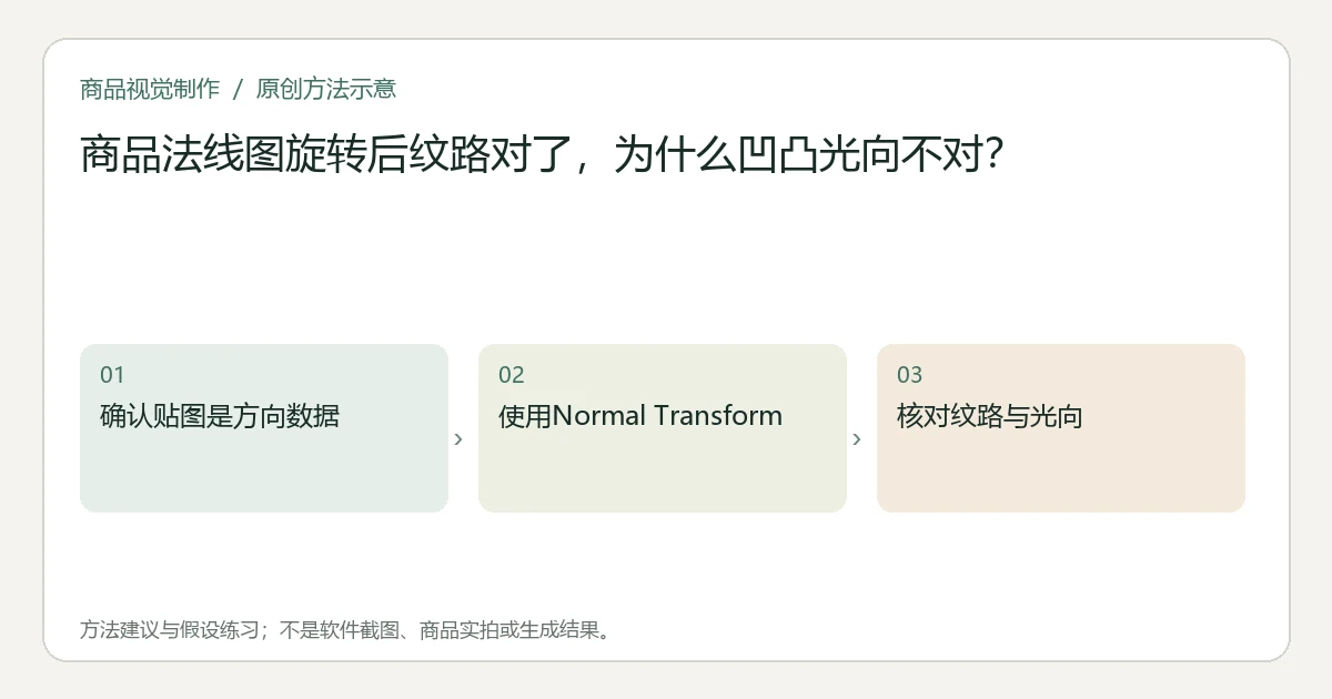 原创方法示意：确认贴图是方向数据；使用Normal Transform；核对纹路与光向。非工具界面、商品实拍或测试结果。