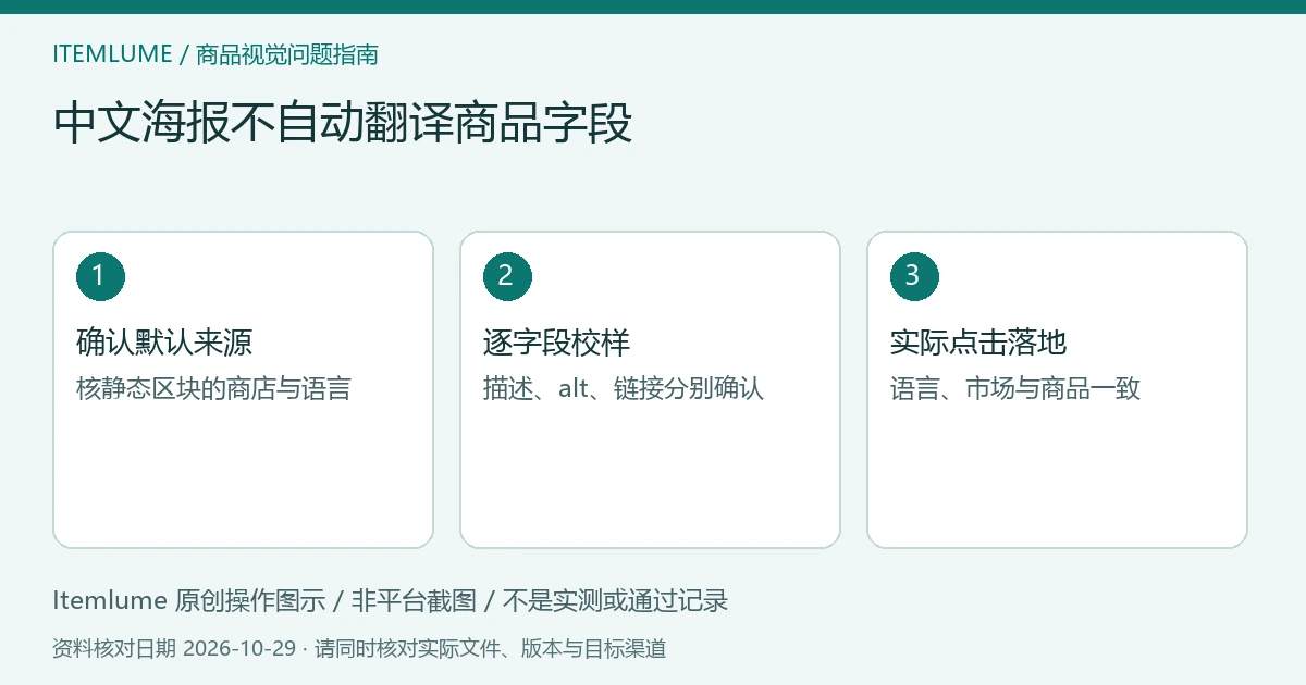 多语言商品邮件核查示意：确认默认来源、逐字段看语言、实测目标页市场；不是邮件截图。