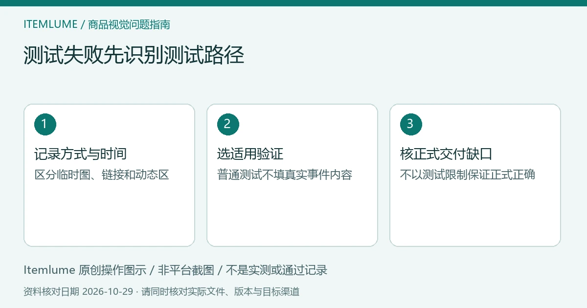 测试信排查示意：记录测试方式与时间、区分临时资源和事件、再验适用交付路径；不是实收截图。