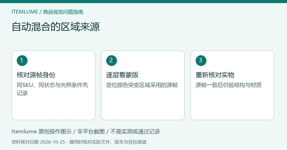 自动混合的区域来源:核对源帧身份、逐层看蒙版、重新核对实物的三步示意