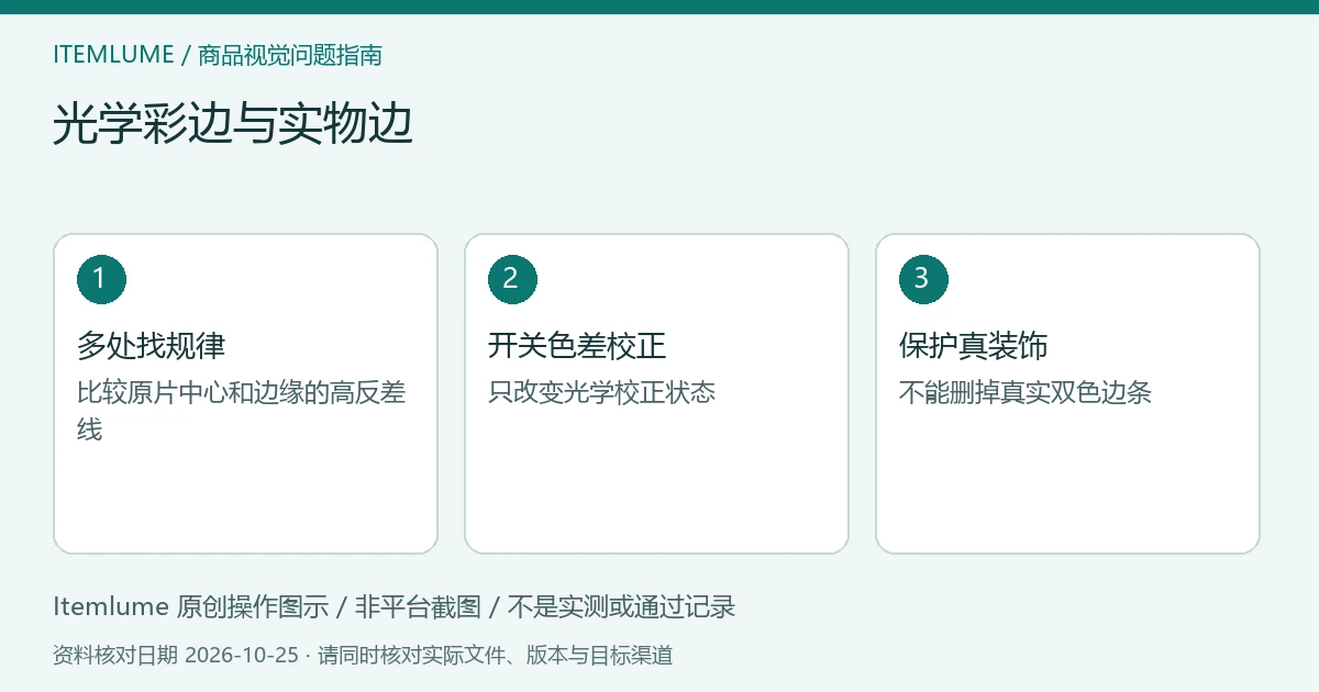 光学彩边与实物边:多处找规律、开关色差校正、保护真装饰的三步示意