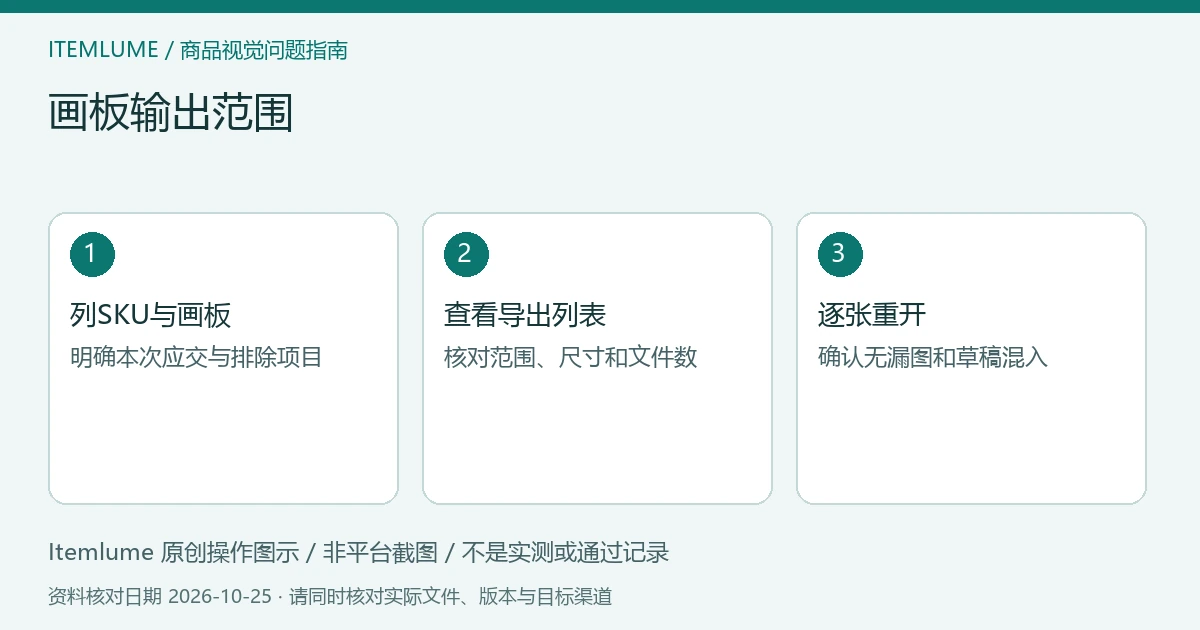 画板输出范围：列SKU与画板、查看导出列表、逐张重开的三步示意