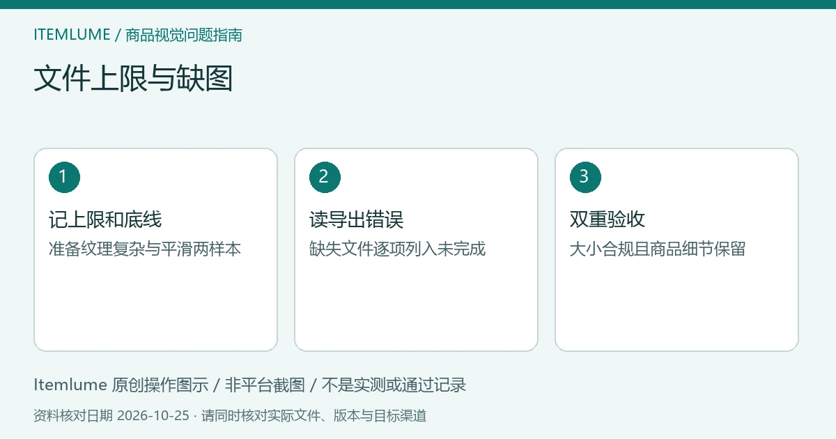 文件上限与缺图：记上限和底线、读导出错误、双重验收的三步示意
