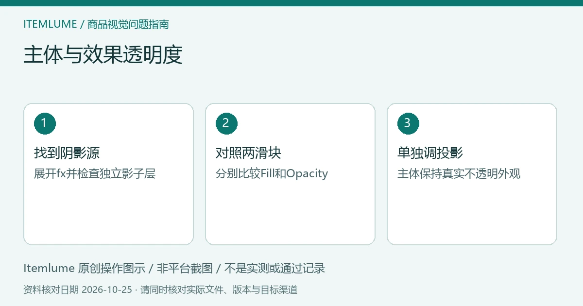主体与效果透明度：找到阴影源、对照两滑块、单独调投影的三步示意