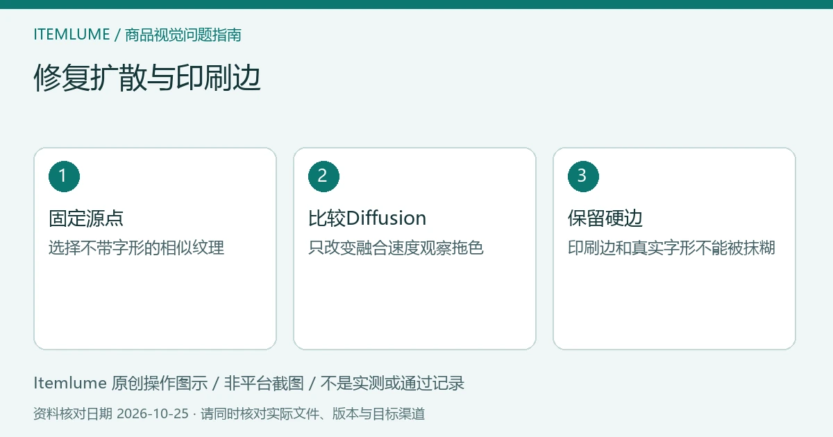 修复扩散与印刷边:固定源点、比较Diffusion、保留硬边的三步示意